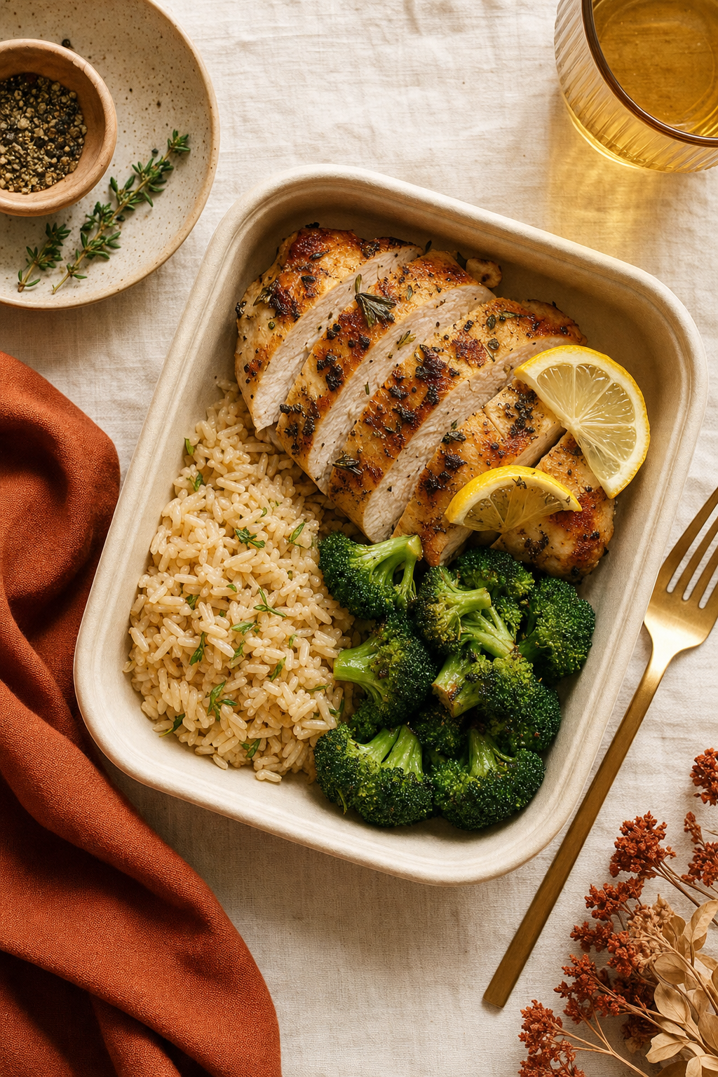 Healthy meal prep: lemon herb chicken with brown rice and broccoli in a compostable container