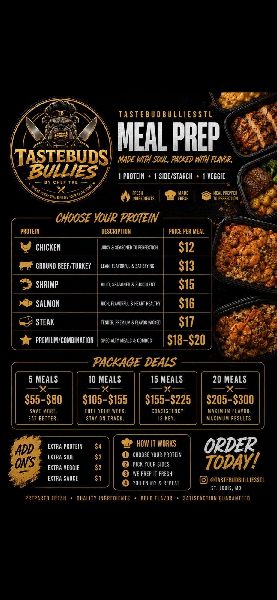Tastebuds Bullies meal prep menu: protein pricing, package deals, add-ons, and how it works