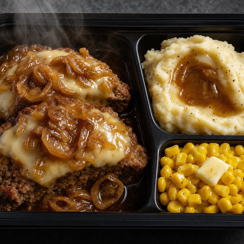 French onion meatloaf with Swiss cheese, mashed potatoes and corn