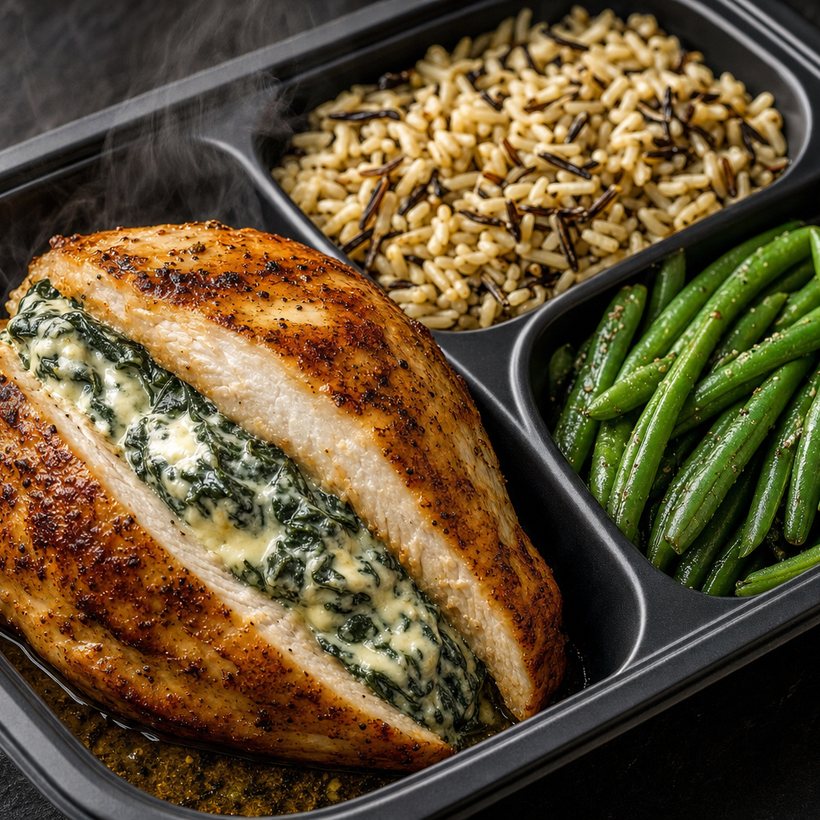 Stuffed chicken breast with spinach, cream cheese and mozzarella, wild rice and green beans