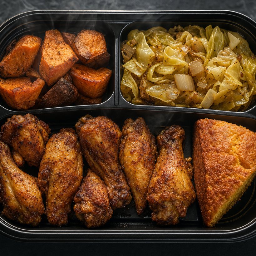 Six baked party wings with sweet potatoes, fried cabbage and cornbread